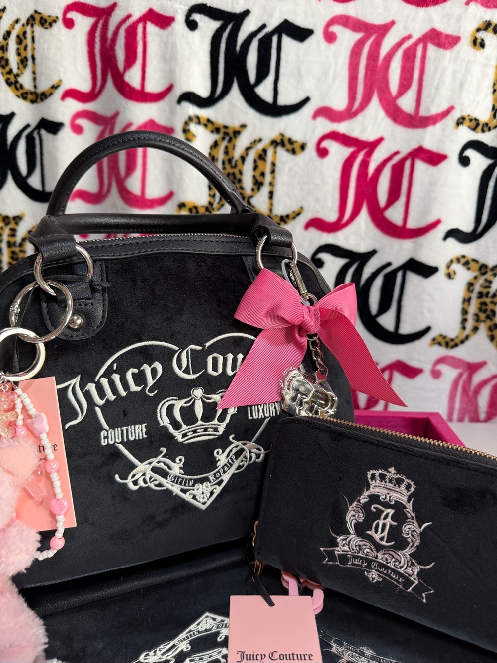 Juicy Couture Black Velvet Tote with Pink Bow Charm and Matching wallet